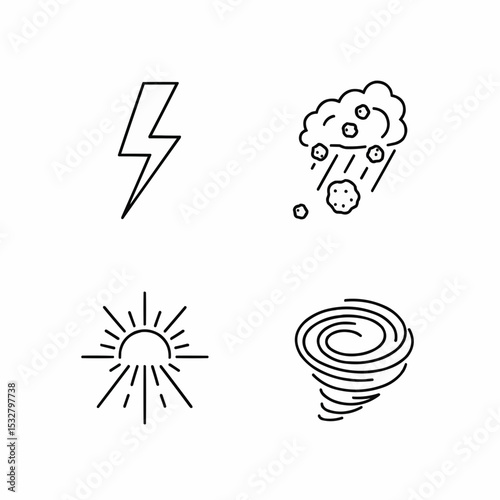 Set of Minimal Weather Icons Depicting Lightning, Sun, Hail, and Tornado
