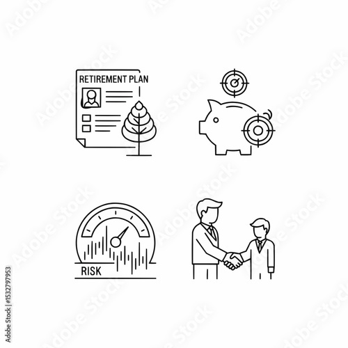 Retirement Planning and Risk Management Icon Set for Financial Concepts