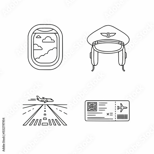 air travel concepts, including an airplane window, pilot's cap, ticket, and runway