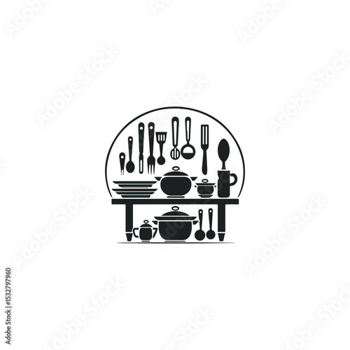 Kitchen utensils and cookware on a shelf black and white graphic design