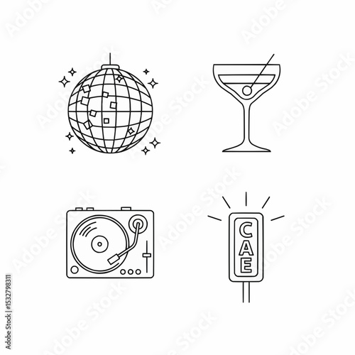 Line Art Illustrations of Disco, Cocktail Glass, Turntable, and Sign Post
