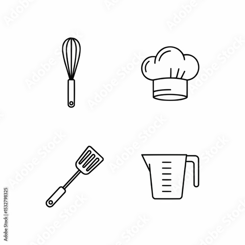 Line Art Icons Featuring Whisk, Chef Hat, Spatula, and Measuring Jug