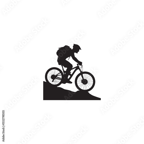 Mountain biker silhouette riding up hill with backpack and helmet extreme sports