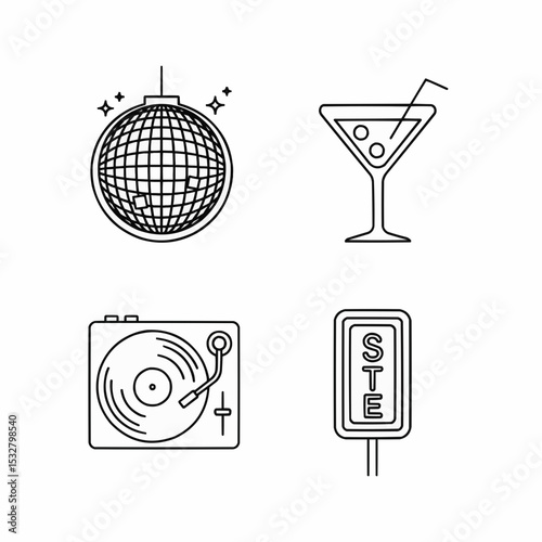 Line Art Illustrations of Disco, Cocktail Glass, Turntable, and Sign Post