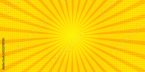 Abstract orange comic background. Art pop cartoon backdrop. Halftone effect pattern. Fun anime texture. Starburst manga style bg. Mark popart radial gradient. Spiral, swirl, comic rays.