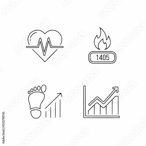 Vector artwork of symbols including heart rate, calorie burning, steps, and progress graph. Represents health tracking, fitness goals, and data visualization concepts