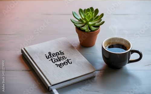 Notebook with ideas take root next to coffee cup and succulent plant on a gray wood table