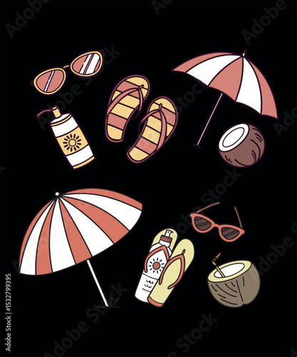 Colorful Chinese lanterns and a Japanese umbrella evoke a summer vacation by the sea, with a vibrant vector design under the sun