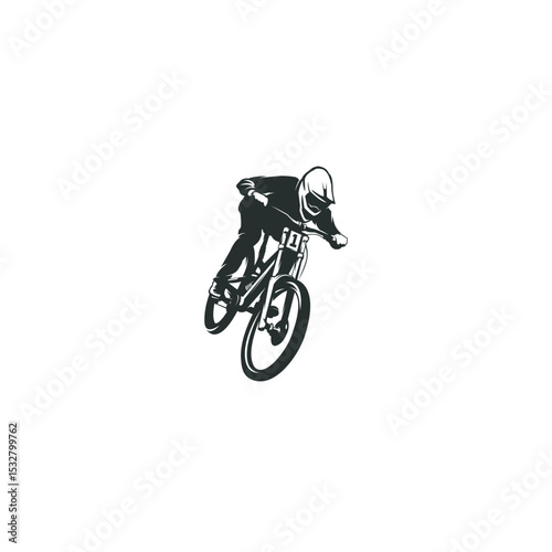 Downhill mountain biker illustration in action sports vector art black and white