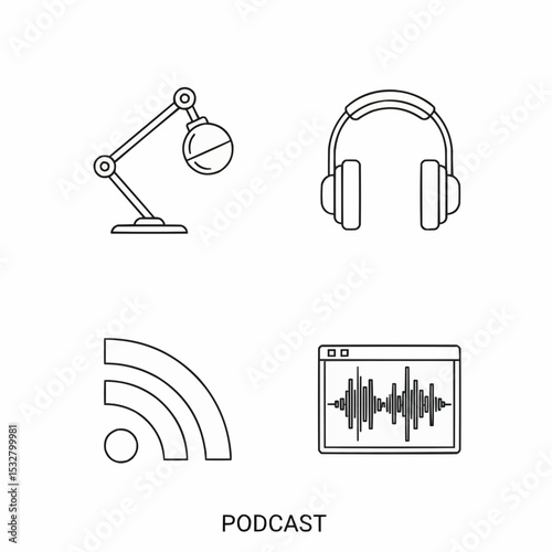 Icon Set Representing Podcast and Audio Broadcasting Elements