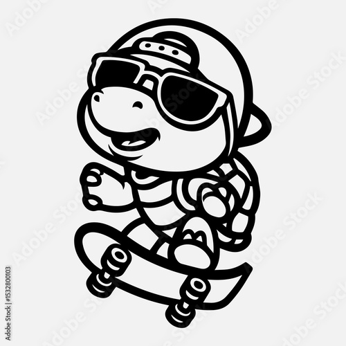 Cool Turtle on Skateboard: A stylish turtle, sporting sunglasses and a cap, executes a skateboarding maneuver, embodying the fun and rebellious spirit of youth.