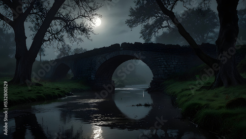 Mistshrouded Ancient Stone Bridge at Night Under Moonlight photo