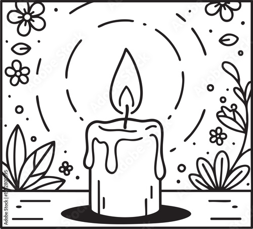 Monochrome line art illustration of a burning candle surrounded by abstract floral and leaf motifs