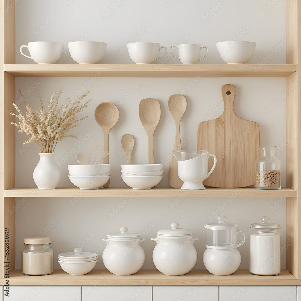 Minimalist kitchen shelf with white dishes and wooden utensils Minimalist kitchen shelf with white dishes and wooden utensils