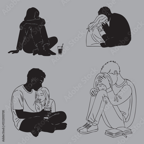 Four monochrome illustrations depicting couples and individuals in poses of comfort, sadness, and contemplation