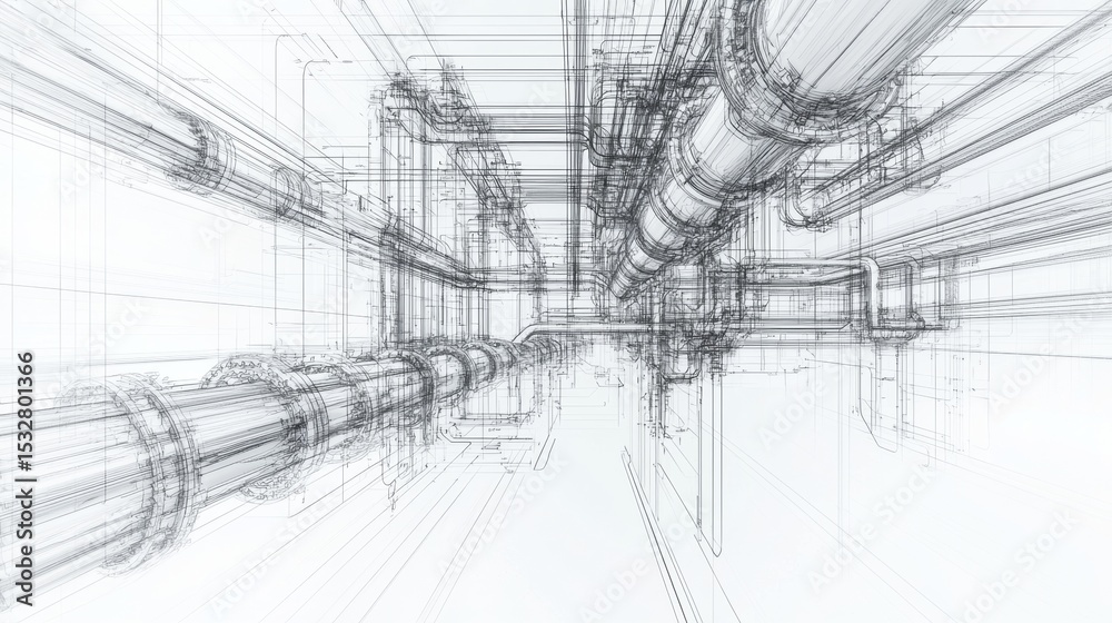 Detailed representation of industrial piping system in a complex layout Detailed representation of industrial piping system in a complex layout