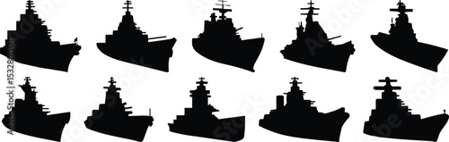Set of navy battleship silhouettes, different ship designs, military vessels, black outline silhouettes, isolated on transparent background.