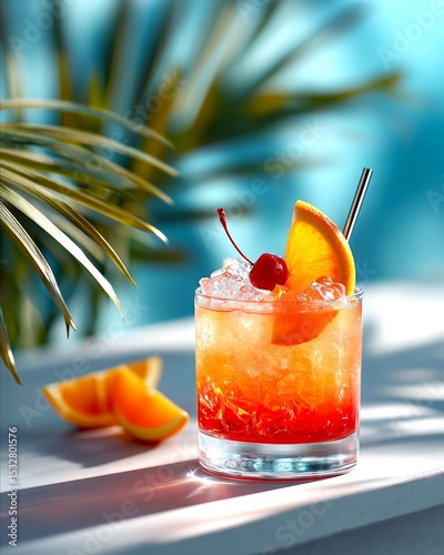 cocktail with orange slices and cherry on the beach