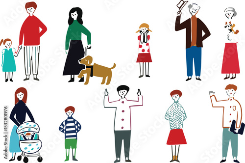 Hand-drawn illustrations of family members, children, elderly people, pets, and people taking selfies, wearing casual clothing and engaged in daily life activities, with colorful accents.
