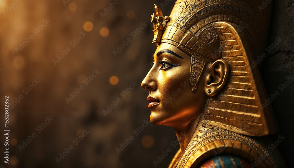 Obraz premium Profile of Horus, Egyptian falcon god, in traditional headdress. Golden statue of Horus, ancient Egyptian deity, wearing a magnificent crown.