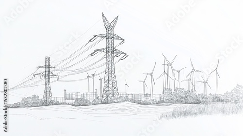 Wind turbines and power lines in a rural landscape during a clear day showcasing renewable energy