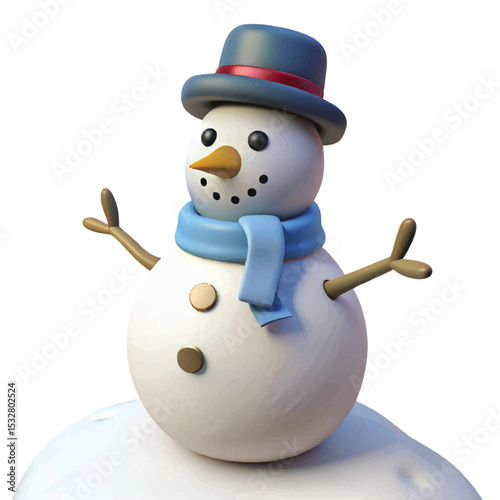 Cheerful 3D snowman with scarf and arms raised, perfect for festive cards and winter celebration themes.
