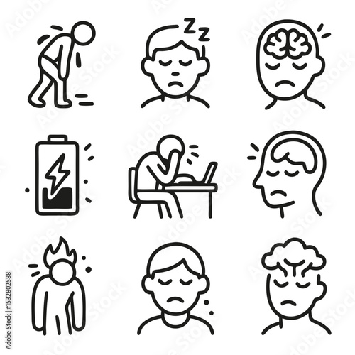 Nine drawings showing burnout symptoms; suitable for mental health resources, articles, presentations, and social media posts on stress management.