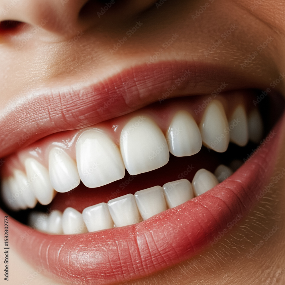 Fototapeta premium A close-up shot reveals a bright, healthy female smile with perfectly aligned white teeth and natural pink lips