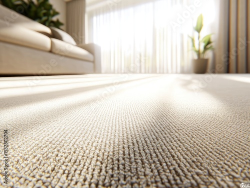 Low-angle view of a textured off-white carpet, bathed in sunlight streaming through sheer curtains, with a blurred living room background