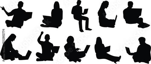 Group of business professionals using laptops in various poses, teamwork, productivity, and remote work concept, sitting and working at home or office, isolated silhouette on transparent background