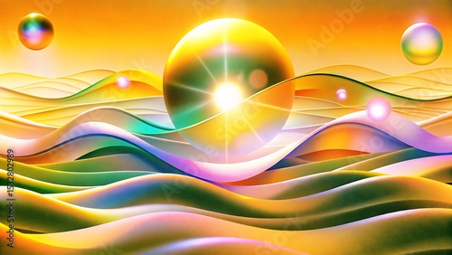 Abstract golden egg in colorful wavy landscape