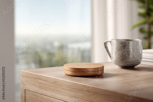 wireless charging station on wooden nightstand bathed in soft morning light