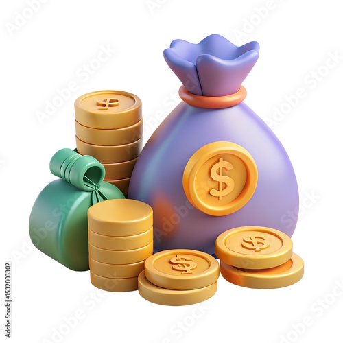 3D Money Concept with Money Bag, Coin Stack, and Banknotes Illustration