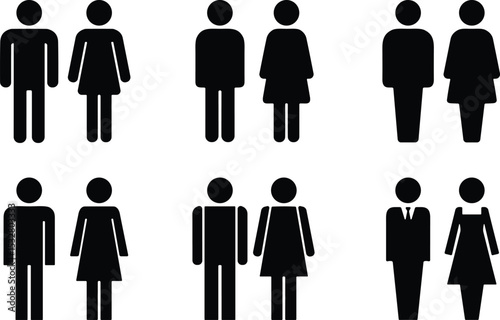 Male and female icon set, couple silhouette illustration, man woman pictogram collection, people symbol vector, gender graphic figures, black stick figure template