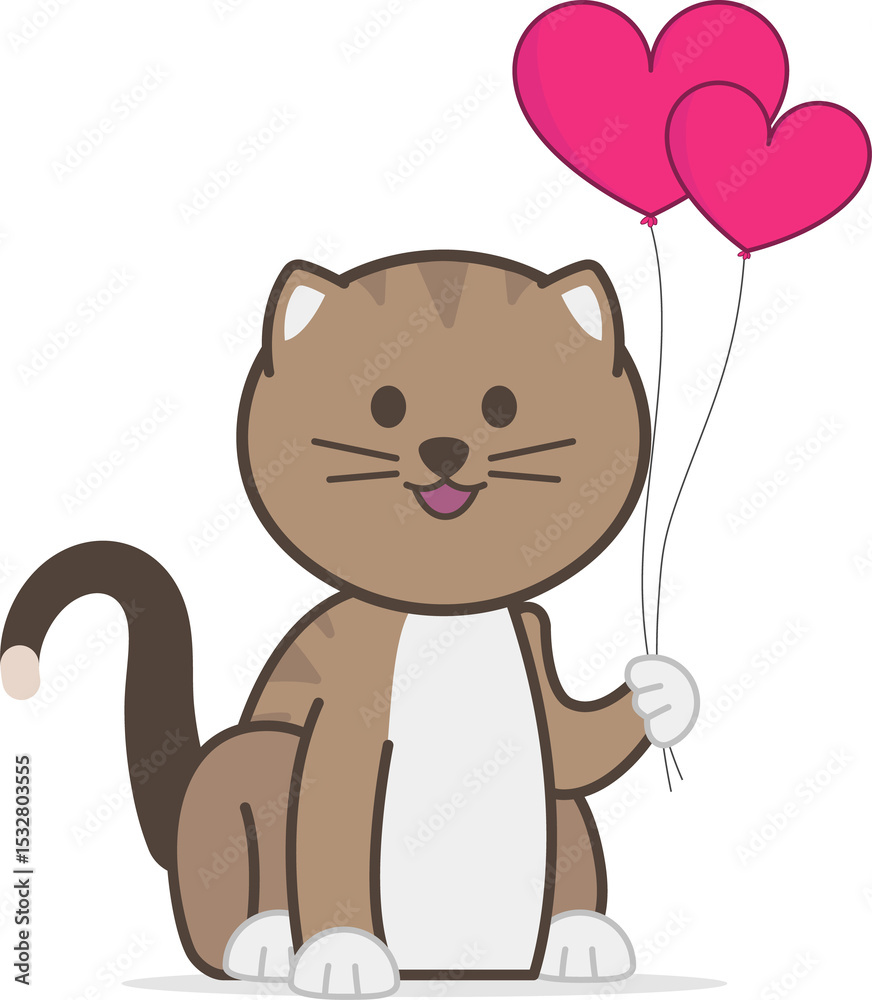 Obraz premium Cartoon design brown striped cat is sitting holding two pink heart balloons, transparent background