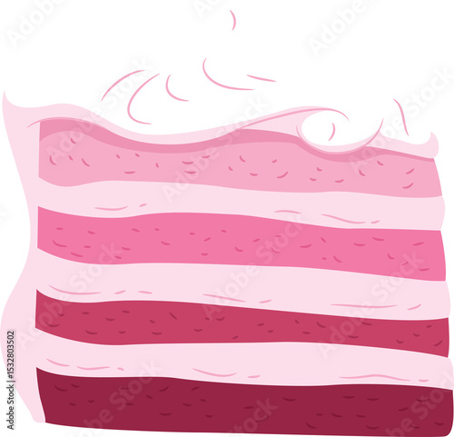 Flat slice of layered cake is appearing on transparent background, showing pink frosting layers
