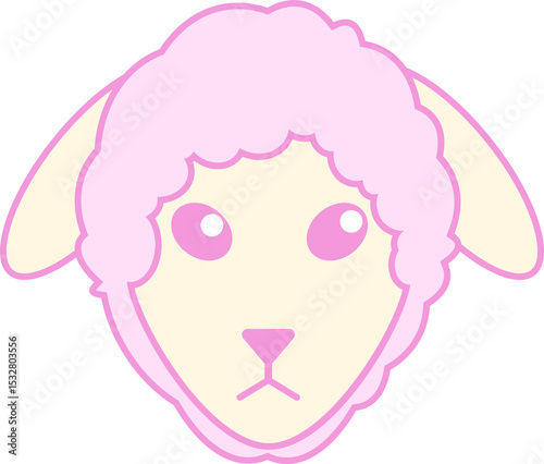 Flat cartoon sheep head is floating on transparent background, showing drooping ears and pink wool