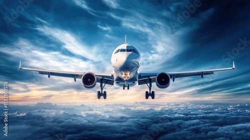 Majestic Airplane Soaring Above Cloudscape at Sunset