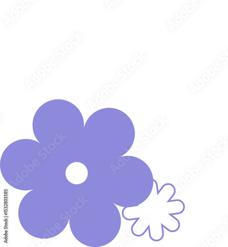Trio of daisy-like floral shapes are floating on transparent background with pastel purple accents