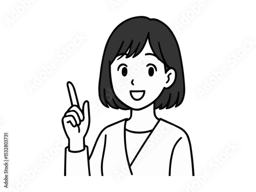 指差しポーズをする笑顔がかわいい日本人の女性_モノクロ