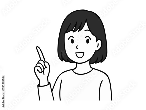 指差しポーズをする笑顔がかわいい日本人の女性2_モノクロ