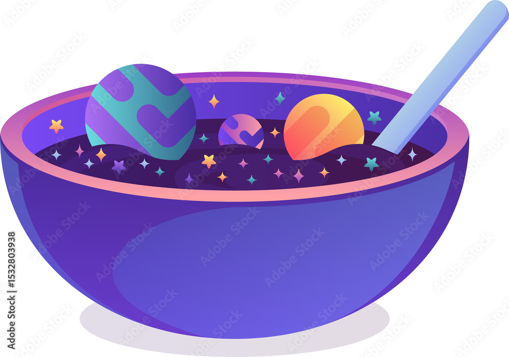 Fototapeta premium Flat design showing purple bowl, light blue spoon holding stars, planets, transparent background