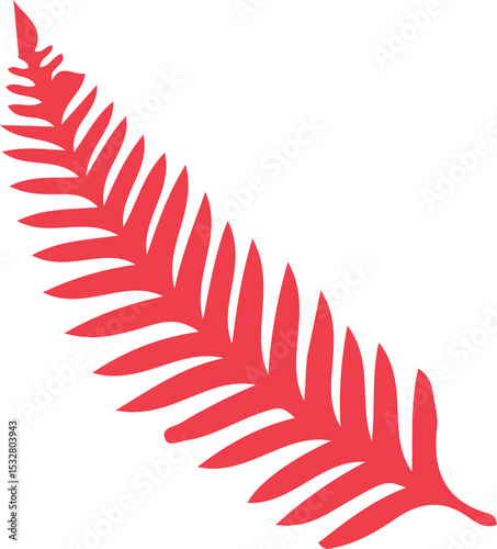 Flat design red fern frond silhouette is appearing at angle on transparent background, copy space
