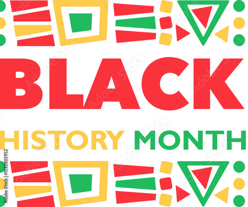 Black History Month flat design is showing red lettering and yellow green shapes on transparent