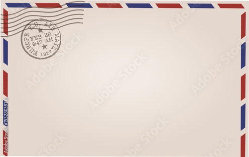 Vector airmail envelope is showing on clear layer, featuring red-blue border and cancellation mark