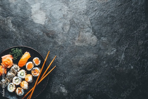 Assorted sushi pieces on a dark plate with chopsticks, atop a dark mottled surface, leaving ample negative space
