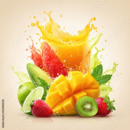 Vibrant fruit medley with juice splash; mangoes, strawberries, kiwi, lime, avocado, watermelon;  refreshing, healthy, tropical