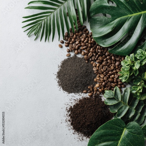 Coffee beans, grounds, and tea leaves arranged artistically with lush tropical foliage on a light gray background