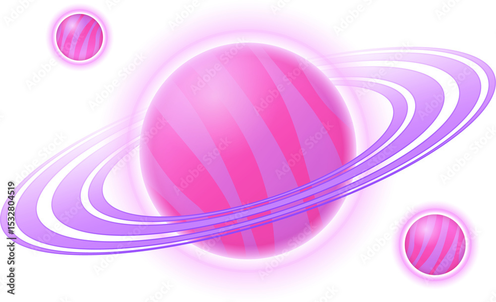 Naklejka premium Ringed planet is floating in flat design with pink-purple rings and orbiting moons, clear canvas