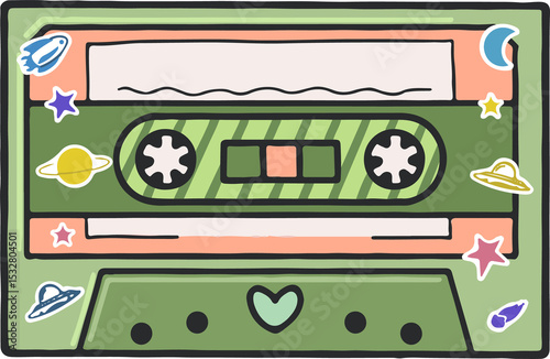 Flat retro cassette tape is featuring space stickers and heart icon on transparent background